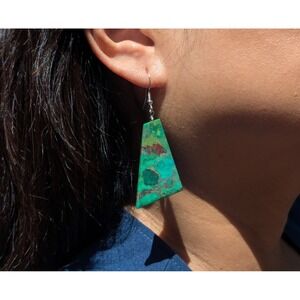 Navajo Earrings‎ Handmade Native American Green Turquoise Slab Silver Jewelry **